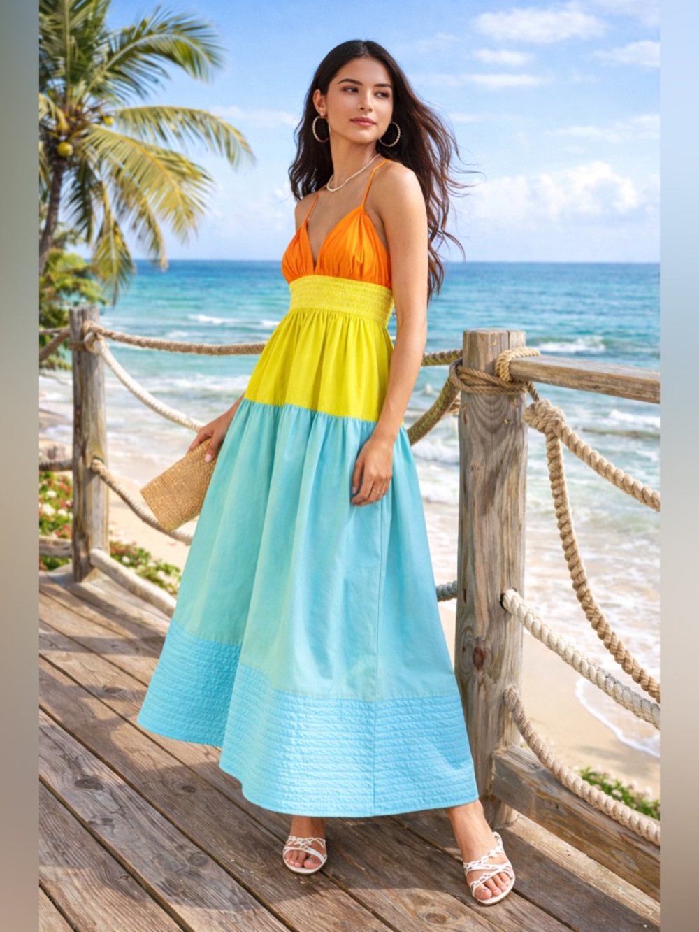 Adelyn Rae Colorblock Maxi Dress Bright Summer Vacation Resort Size M